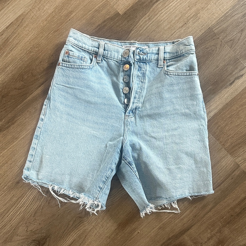 Garage Light Blue Jean Shorts with Distressed Hem and button fly